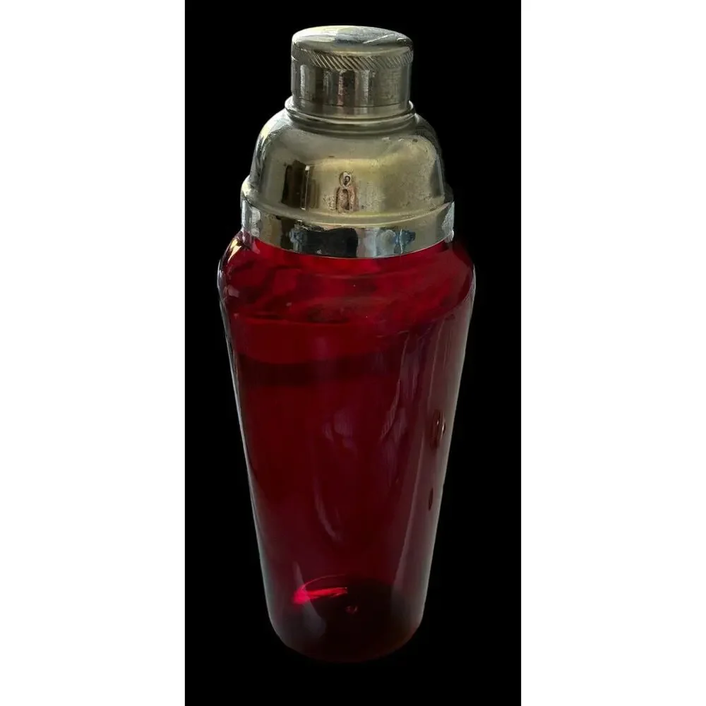 Vintage Ruby Red blown glass Mid Century Modern chrome topper martini shaker